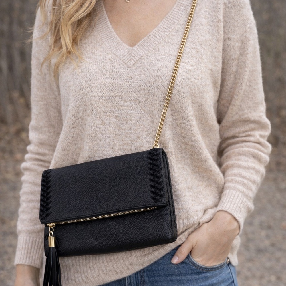 Moda Luxe Black Leather Fold Over Crossbody Clutch Gold Chain purse boutique